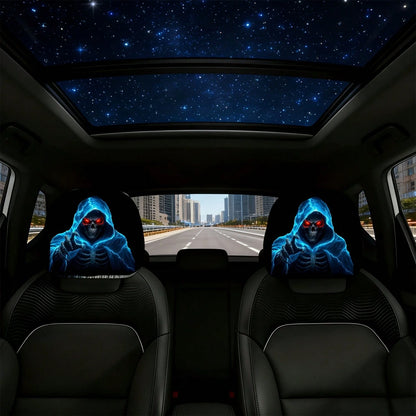 2pcs Set Of Ghostly Blue Lightning Skull Grim Reaper Reaching Out Themed Car Headrest Covers, Durable, Stylish, And Comfortable Vehicle Seat Headrest Protectors, No Filling, Easy To Install, Suitable