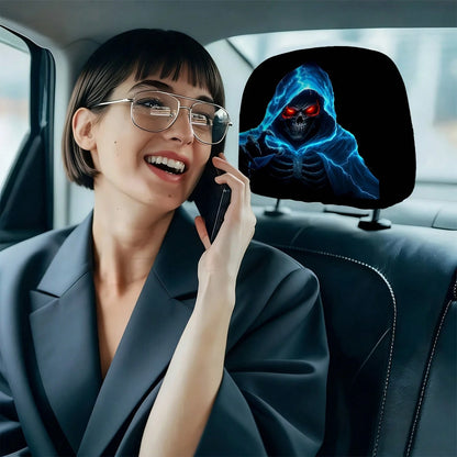 2pcs Set Of Ghostly Blue Lightning Skull Grim Reaper Reaching Out Themed Car Headrest Covers, Durable, Stylish, And Comfortable Vehicle Seat Headrest Protectors, No Filling, Easy To Install, Suitable
