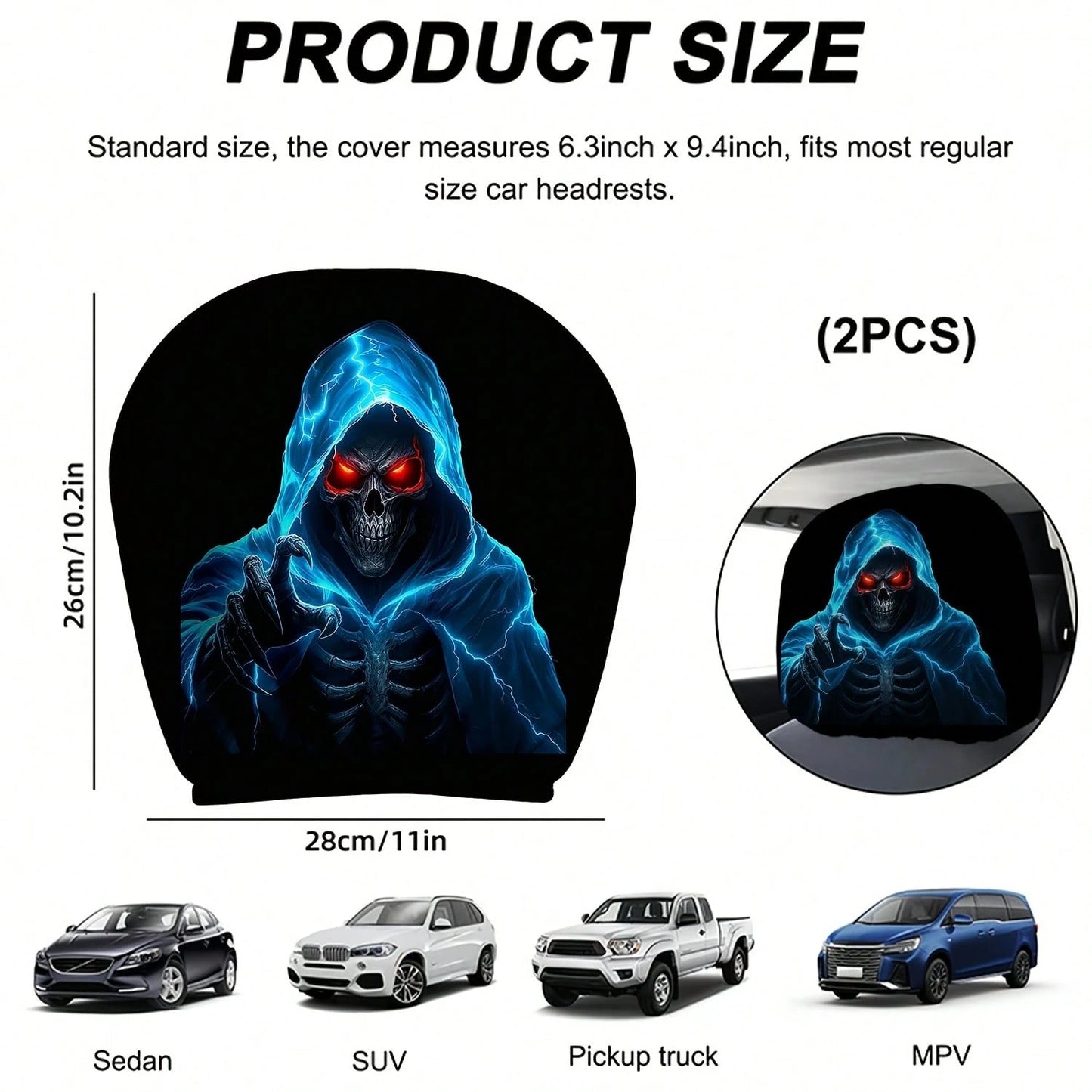 2pcs Set Of Ghostly Blue Lightning Skull Grim Reaper Reaching Out Themed Car Headrest Covers, Durable, Stylish, And Comfortable Vehicle Seat Headrest Protectors, No Filling, Easy To Install, Suitable