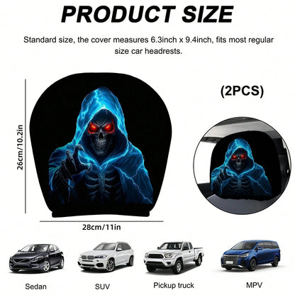 2pcs Set Of Ghostly Blue Lightning Skull Grim Reaper Reaching Out Themed Car Headrest Covers, Durable, Stylish, And Comfortable Vehicle Seat Headrest Protectors, No Filling, Easy To Install, Suitable