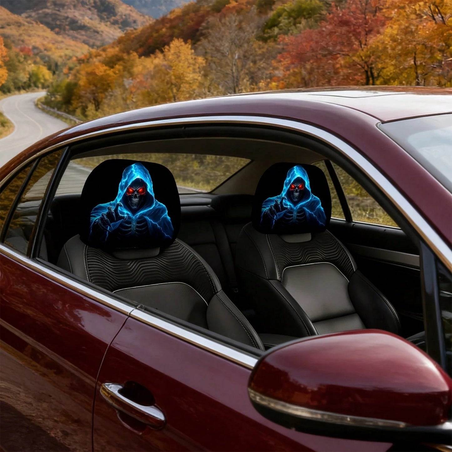 2pcs Set Of Ghostly Blue Lightning Skull Grim Reaper Reaching Out Themed Car Headrest Covers, Durable, Stylish, And Comfortable Vehicle Seat Headrest Protectors, No Filling, Easy To Install, Suitable