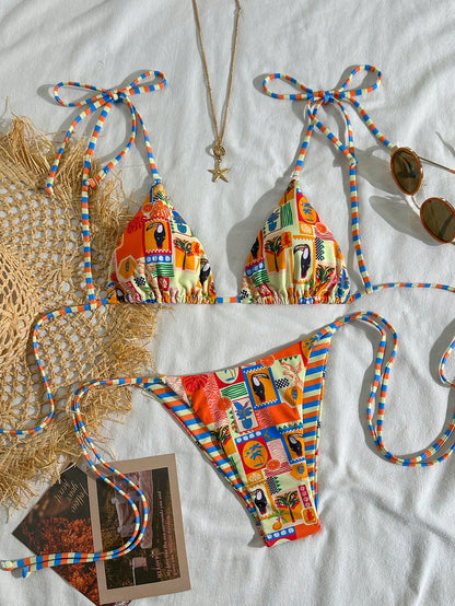 2pcs/Set Women Cute Random Print Reversible Halter Top And Adorable Bikini Bottom Bikini Set Set, Suitable For Summer Beach Vacation