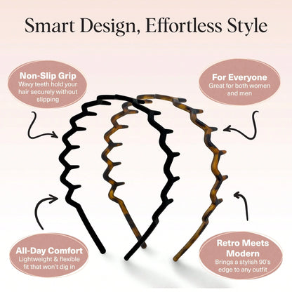 2pcs/Set Women's Zigzag Headbands- Headband & Hair Clips, Fashion Accessories For Sleek Hairstyles- Comfortable Wave Headbands| Comb Headbands| Ideal Gift For Women- Black And Tortoiseshell- Sui