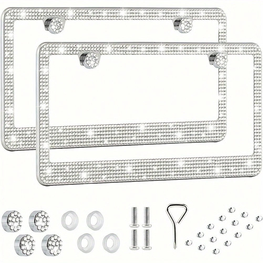 2PCS Stainless Steel License Plate Frame With Glitter Rhinestones, US Standard Size Fits All Cars/Trucks/SUVs, Women's Fashion Car Accessories, Rustproof & Easy Install, Premium Auto Decor, Birthday G