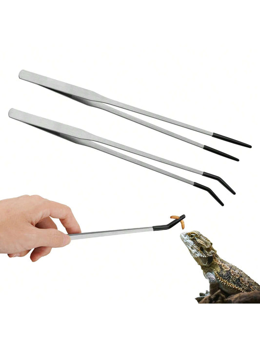 2PCS Stainless Steel Reptile Feeding Tongs With Rubber Tip,Straight & Curved Long Tweezers For Aquarium Or Craft, Bearded Dragon Tank Snakes Enclosure Accessories, Terrarium Supplies