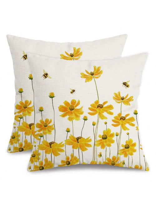 2pcs Summer Pillow Covers, Daisy & Bee Pattern, Farmhouse Style, Seasonal Summer Pillow Shams, Sofa Decor, Yellow, Single-Sided, Pillow Insert Not Included
