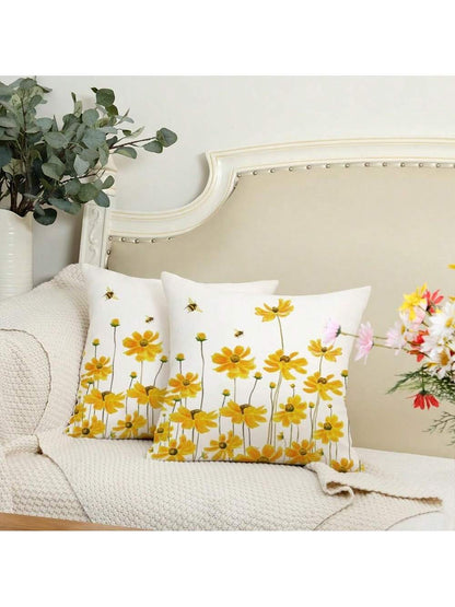 2pcs Summer Pillow Covers, Daisy & Bee Pattern, Farmhouse Style, Seasonal Summer Pillow Shams, Sofa Decor, Yellow, Single-Sided, Pillow Insert Not Included