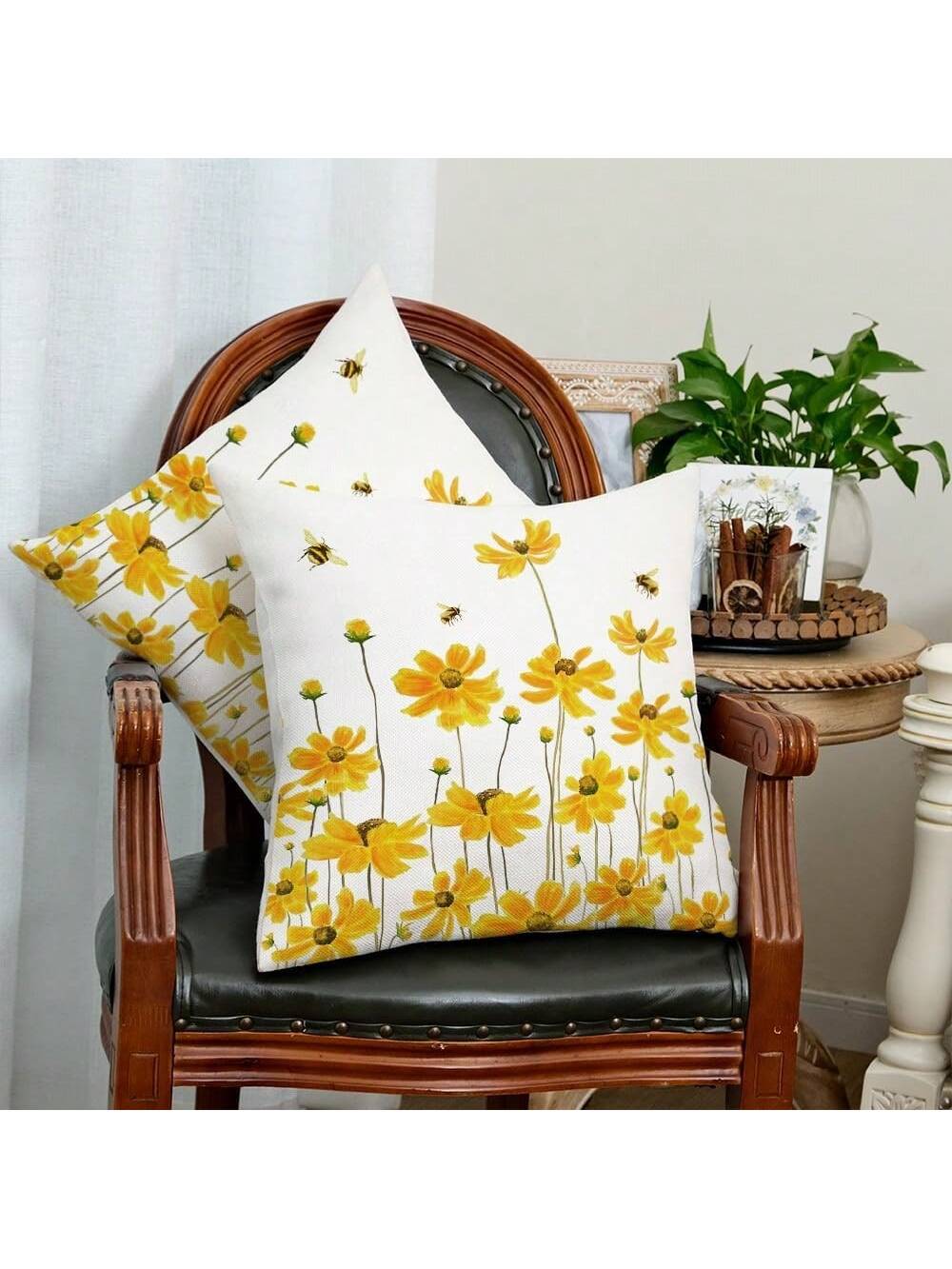 2pcs Summer Pillow Covers, Daisy & Bee Pattern, Farmhouse Style, Seasonal Summer Pillow Shams, Sofa Decor, Yellow, Single-Sided, Pillow Insert Not Included