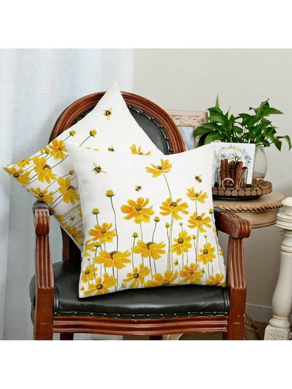 2pcs Summer Pillow Covers, Daisy & Bee Pattern, Farmhouse Style, Seasonal Summer Pillow Shams, Sofa Decor, Yellow, Single-Sided, Pillow Insert Not Included