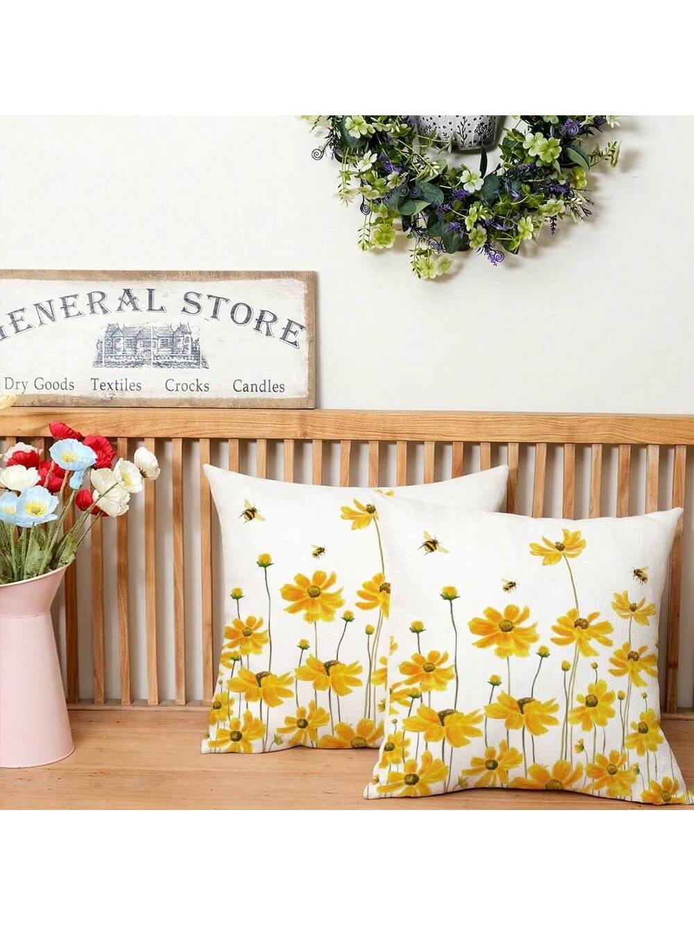 2pcs Summer Pillow Covers, Daisy & Bee Pattern, Farmhouse Style, Seasonal Summer Pillow Shams, Sofa Decor, Yellow, Single-Sided, Pillow Insert Not Included