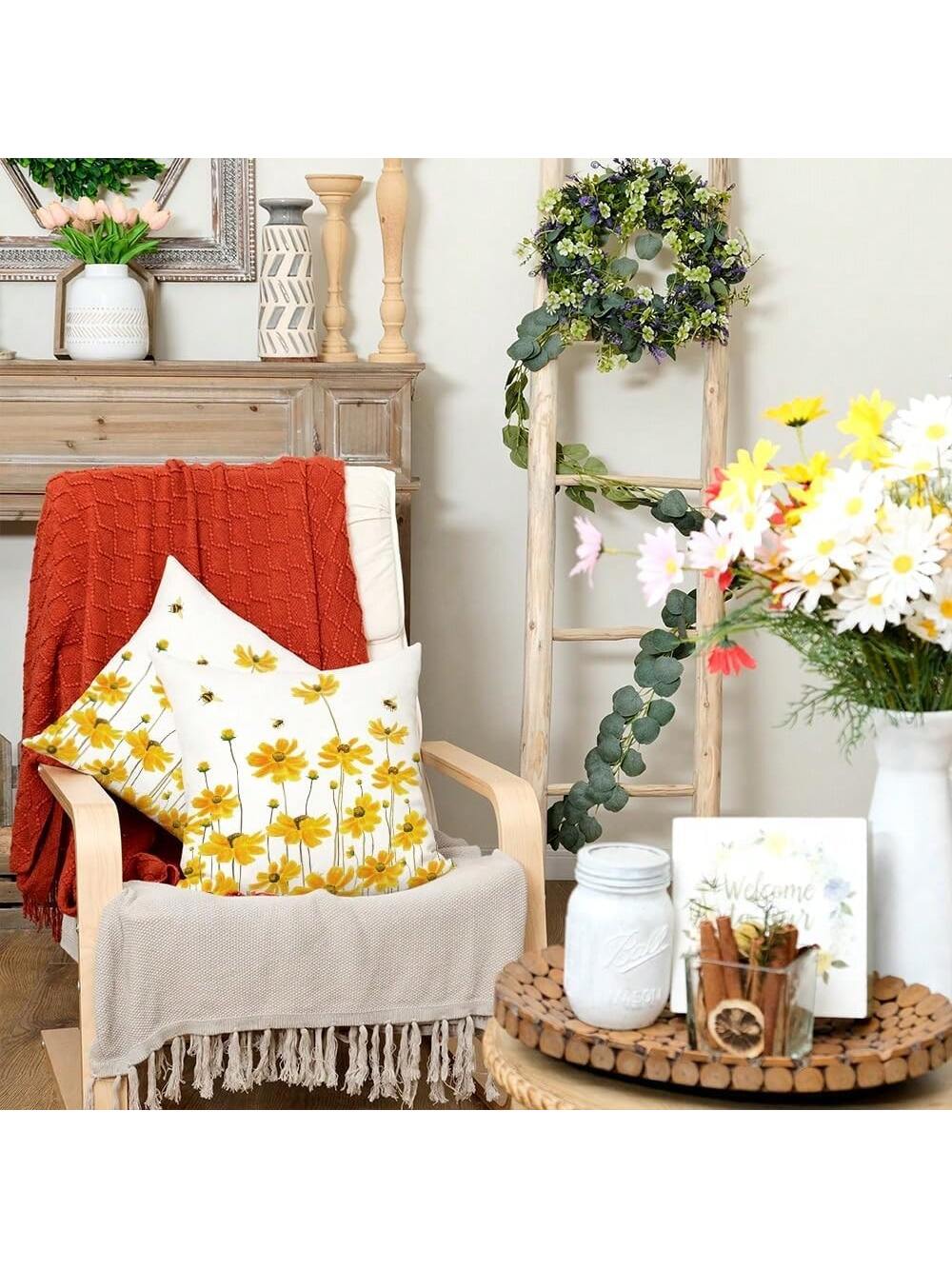 2pcs Summer Pillow Covers, Daisy & Bee Pattern, Farmhouse Style, Seasonal Summer Pillow Shams, Sofa Decor, Yellow, Single-Sided, Pillow Insert Not Included