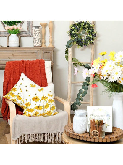 2pcs Summer Pillow Covers, Daisy & Bee Pattern, Farmhouse Style, Seasonal Summer Pillow Shams, Sofa Decor, Yellow, Single-Sided, Pillow Insert Not Included