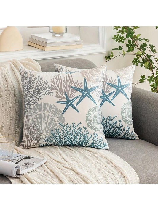 2pcs Super Soft Nautical Coastal Throw Pillow Covers, Ocean Theme Beach Shell Coral Starfish Sofa Cushion Cases, Outdoor Sofa Seat Cushion Covers, Modern Decor For Bedroom, Living Room, 18 X 18 Inches