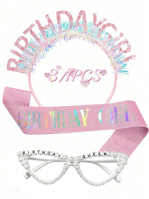 3/1pc-Girls Birthday Party Set, Includes Pink Glitter "Birthday Girl" Sash, Birthday Queen Party Glasses And Princess Birthday Girl Headband, Suitable For Girls Birthday Party Dress Up