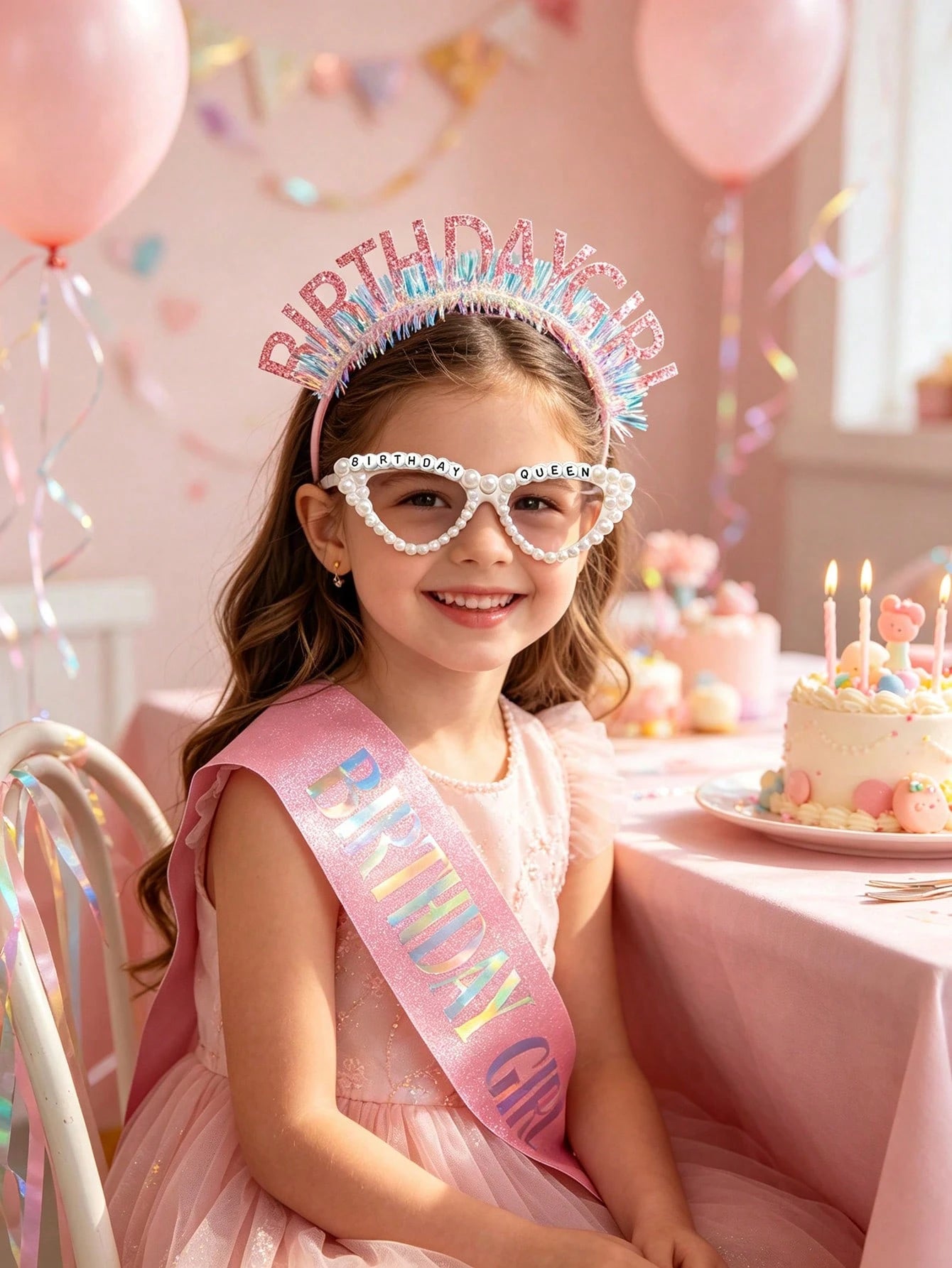 3/1pc-Girls Birthday Party Set, Includes Pink Glitter "Birthday Girl" Sash, Birthday Queen Party Glasses And Princess Birthday Girl Headband, Suitable For Girls Birthday Party Dress Up