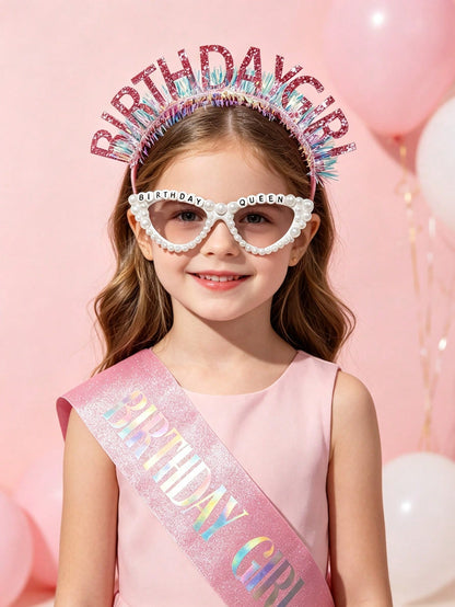 3/1pc-Girls Birthday Party Set, Includes Pink Glitter "Birthday Girl" Sash, Birthday Queen Party Glasses And Princess Birthday Girl Headband, Suitable For Girls Birthday Party Dress Up