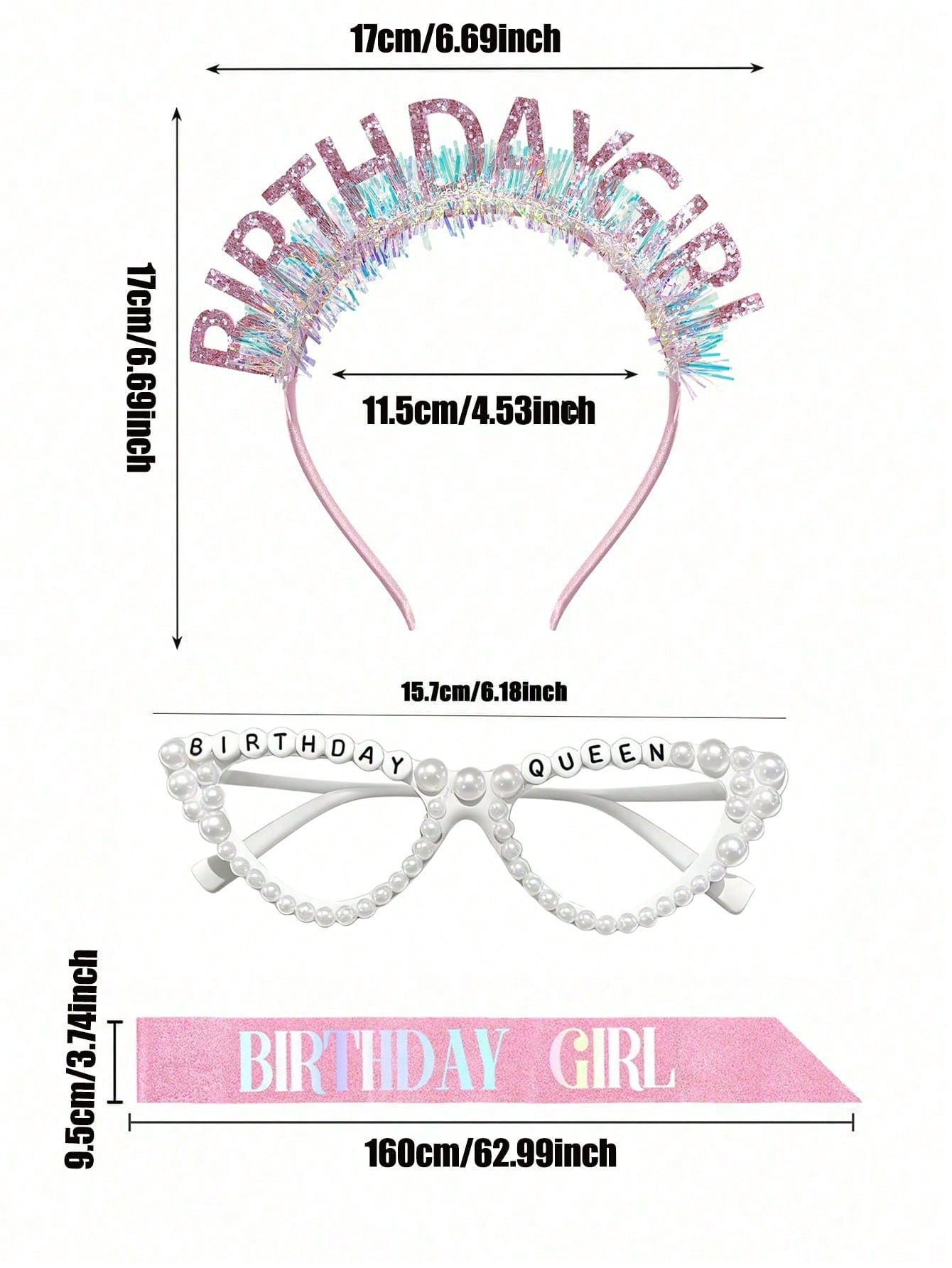 3/1pc-Girls Birthday Party Set, Includes Pink Glitter "Birthday Girl" Sash, Birthday Queen Party Glasses And Princess Birthday Girl Headband, Suitable For Girls Birthday Party Dress Up