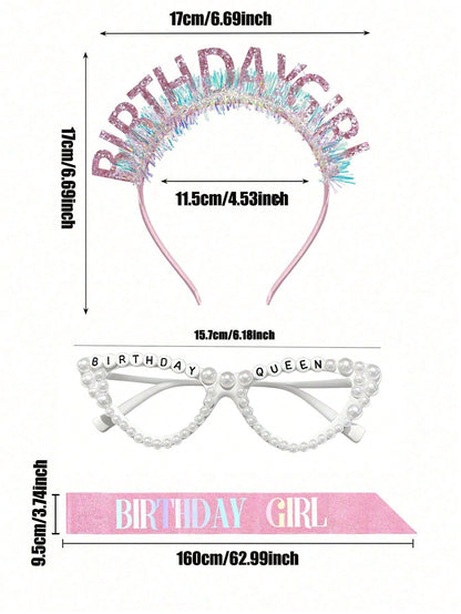 3/1pc-Girls Birthday Party Set, Includes Pink Glitter "Birthday Girl" Sash, Birthday Queen Party Glasses And Princess Birthday Girl Headband, Suitable For Girls Birthday Party Dress Up