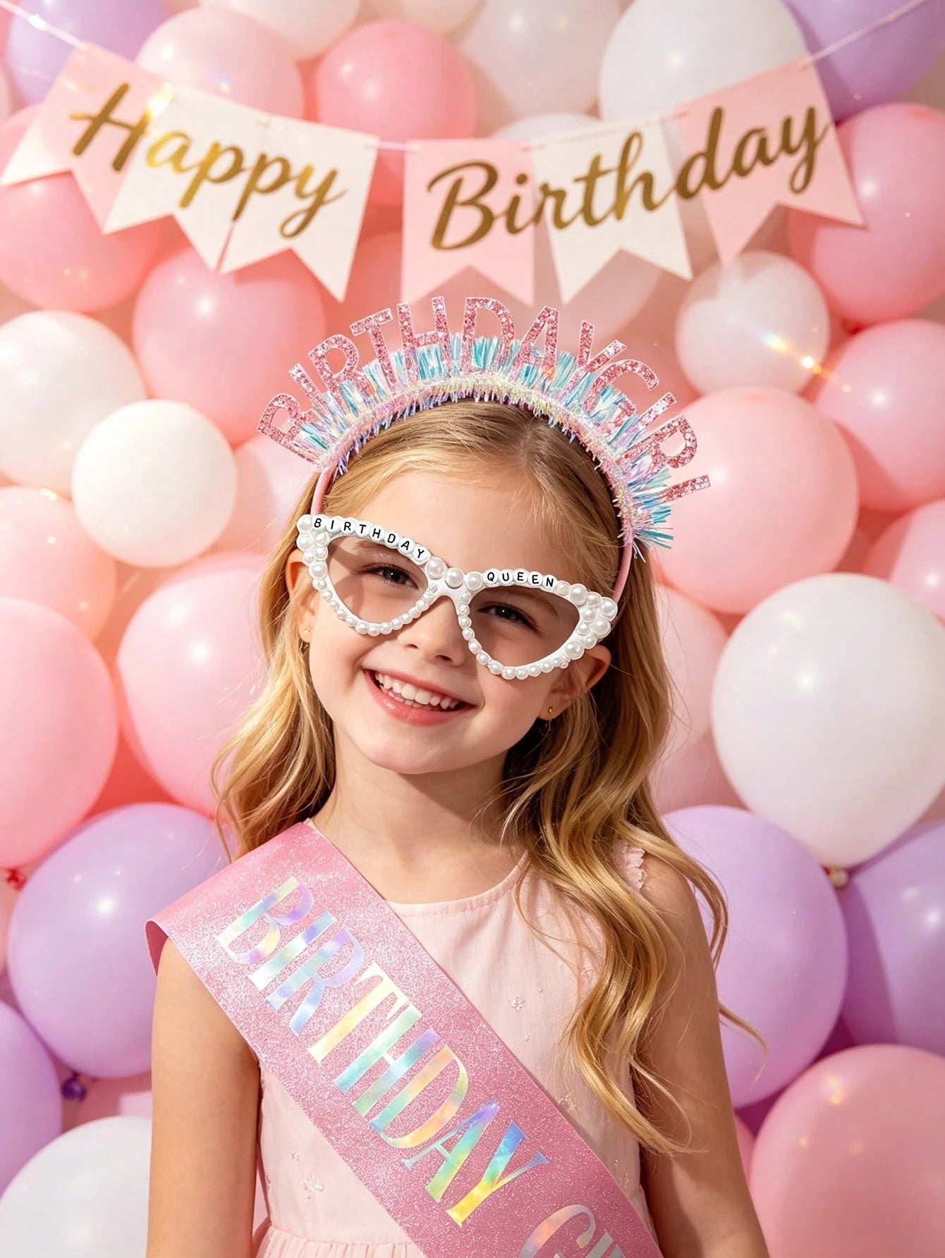 3/1pc-Girls Birthday Party Set, Includes Pink Glitter "Birthday Girl" Sash, Birthday Queen Party Glasses And Princess Birthday Girl Headband, Suitable For Girls Birthday Party Dress Up