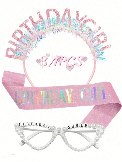 3/1pc-Girls Birthday Party Set, Includes Pink Glitter "Birthday Girl" Sash, Birthday Queen Party Glasses And Princess Birthday Girl Headband, Suitable For Girls Birthday Party Dress Up