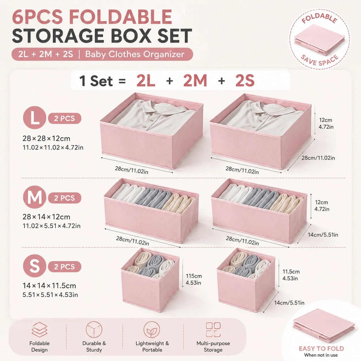 3/6/9pcs Foldable Fabric Storage Boxes, Baby Clothes Organizer Divider Bins, Wardrobe Drawer Dividers, Suitable For Baby Room/Socks/Daily Storage