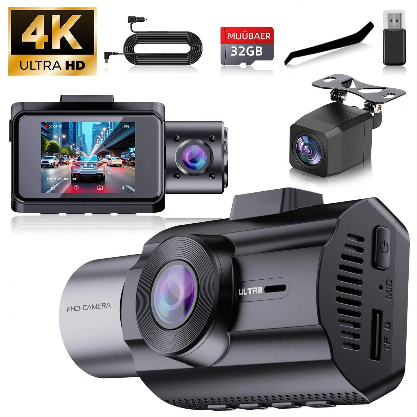 3-Channel Dash Cam With A 32GB Card, 4K Full HD, Infrared Night Vision, 170° Wide-Angle DVR Camera, Loop Recording, Parking Monitoring, Multi-Camera Coverage For Blind Spots, Easy Installation And Wir