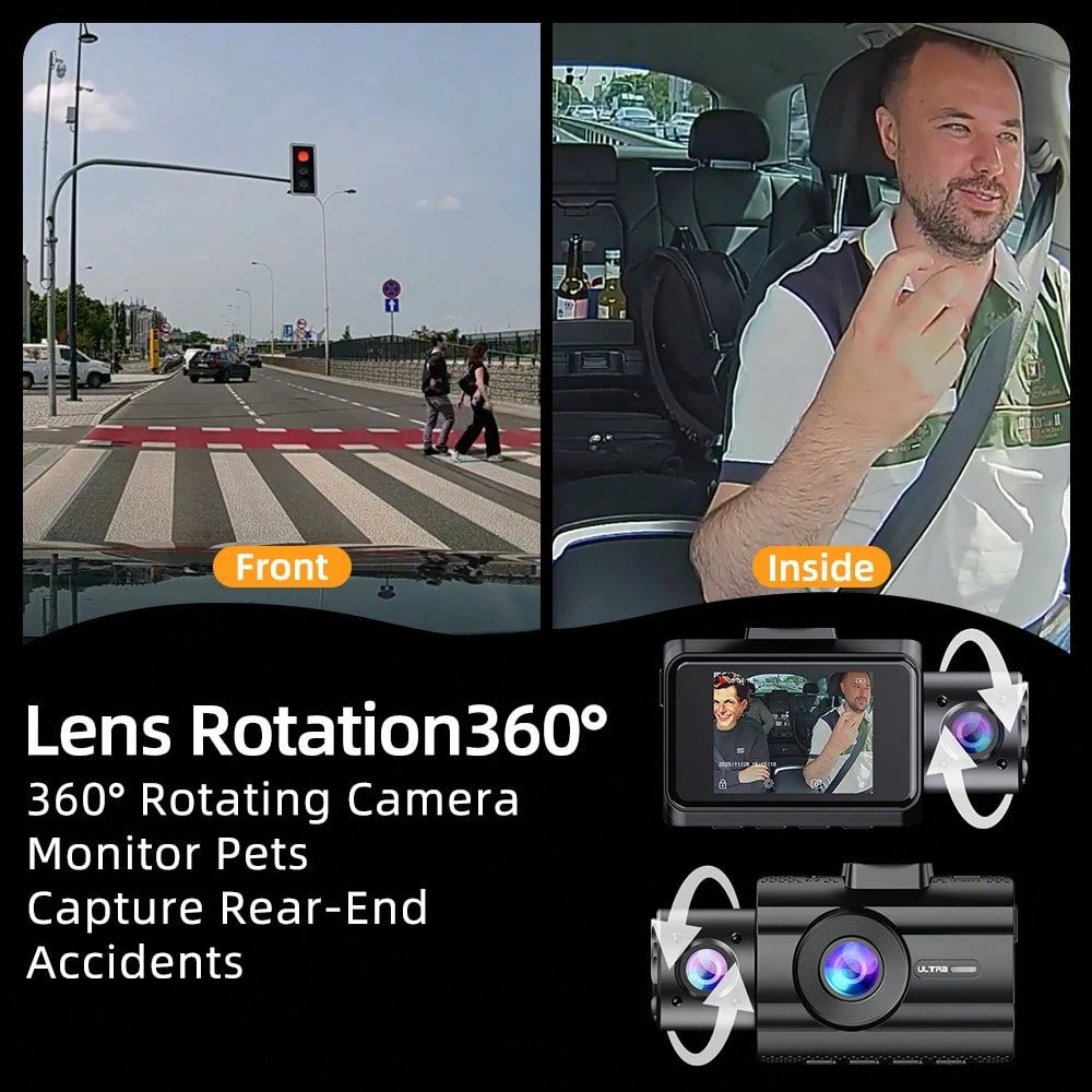 3-Channel Dash Cam With A 32GB Card, 4K Full HD, Infrared Night Vision, 170° Wide-Angle DVR Camera, Loop Recording, Parking Monitoring, Multi-Camera Coverage For Blind Spots, Easy Installation And Wir