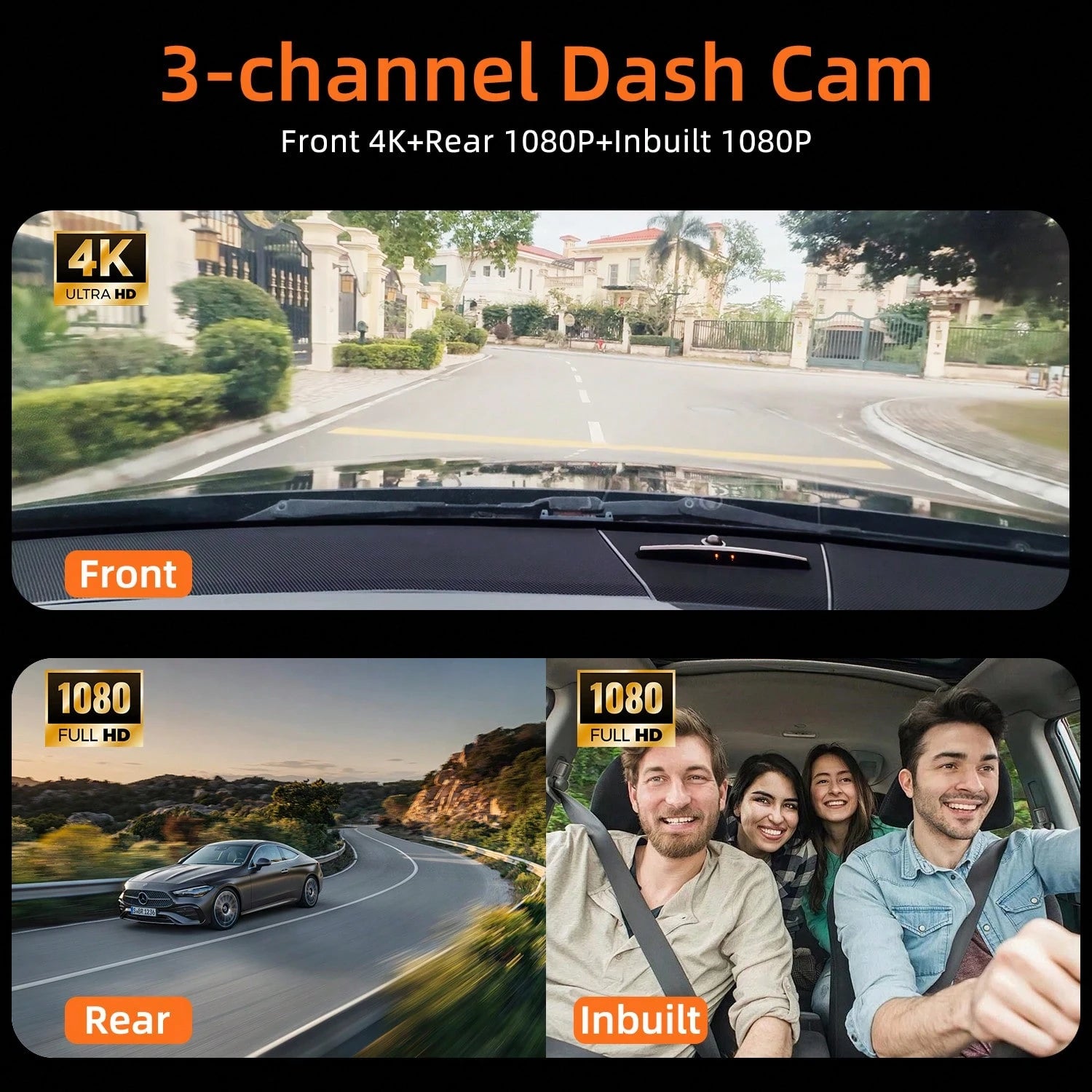3-Channel Dash Cam With A 32GB Card, 4K Full HD, Infrared Night Vision, 170° Wide-Angle DVR Camera, Loop Recording, Parking Monitoring, Multi-Camera Coverage For Blind Spots, Easy Installation And Wir