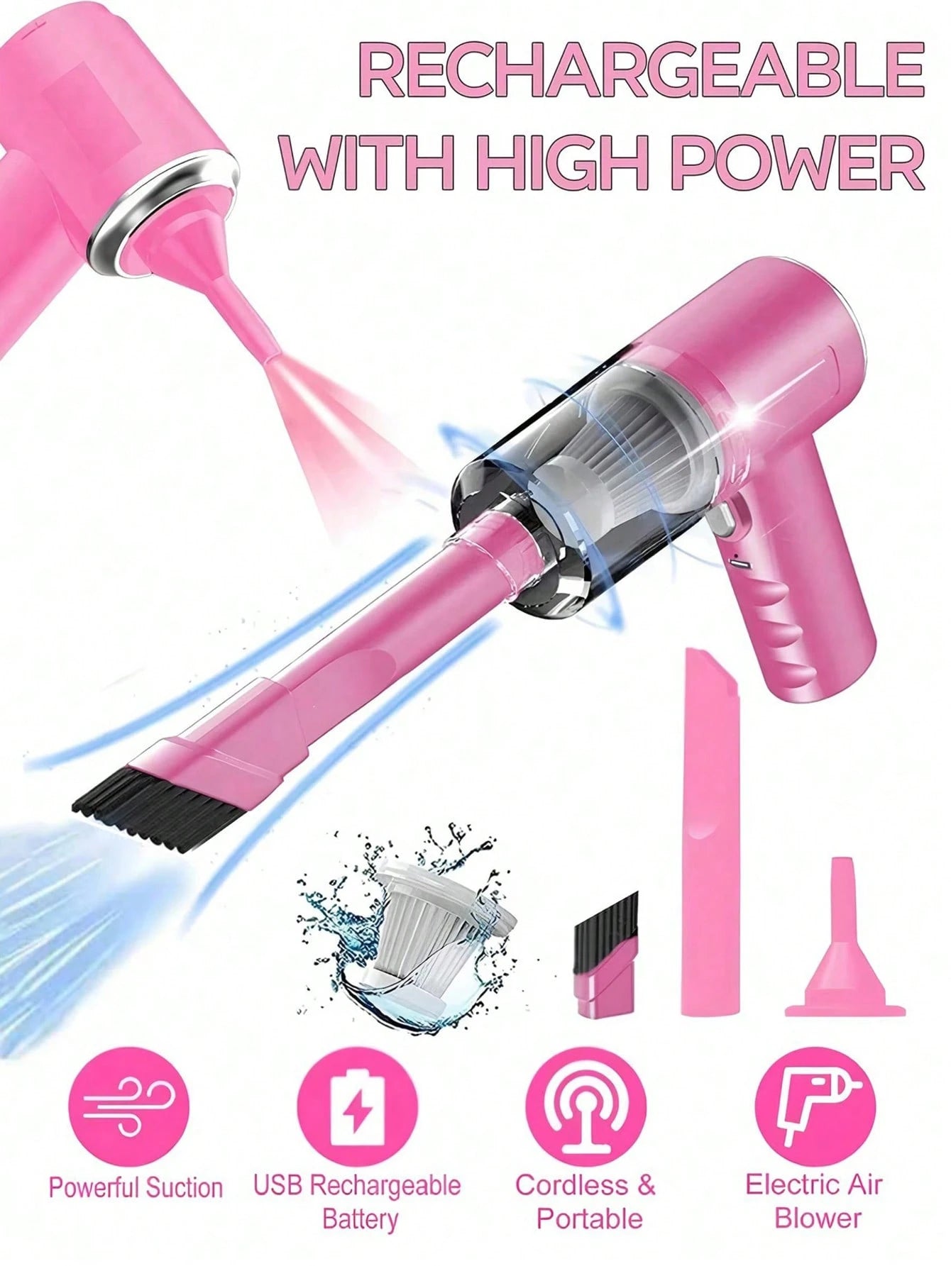 3-In-1 Handheld Vacuum Cleaner- 2000mAh Battery, Fast Charging, Powerful Wet/Dry Suction For Car, Home And Pet, USB-C Charging, Washable Filter, Low Noise Air Purifier And Multi-Function Nozzle Set