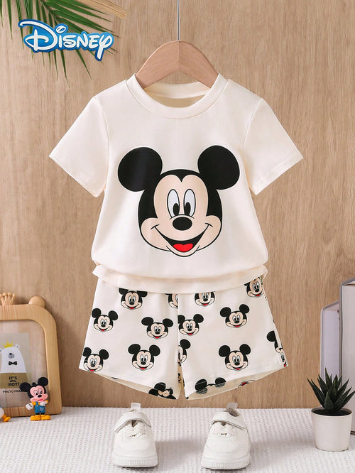 3-Piece Baby Boy Disney Outfit: Loose Round Neck White Mickey Mouse Print Short Sleeve T-Shirt + All-Over Mickey Print Shorts, Casual Everyday, Travel, Holiday, Party Wear For Toddler Boys Under 3 Yea