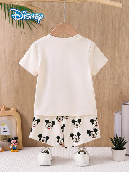 3-Piece Baby Boy Disney Outfit: Loose Round Neck White Mickey Mouse Print Short Sleeve T-Shirt + All-Over Mickey Print Shorts, Casual Everyday, Travel, Holiday, Party Wear For Toddler Boys Under 3 Yea