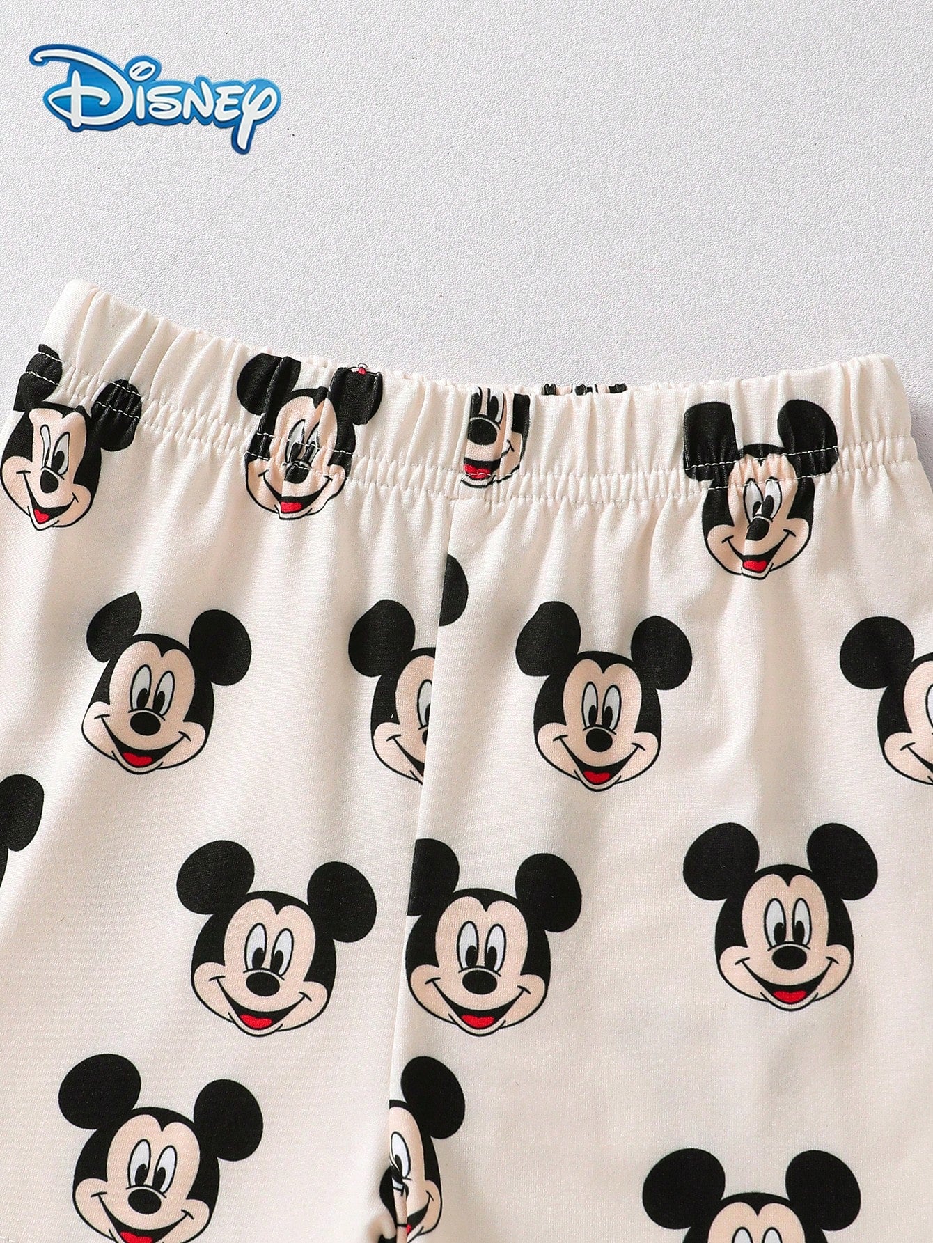 3-Piece Baby Boy Disney Outfit: Loose Round Neck White Mickey Mouse Print Short Sleeve T-Shirt + All-Over Mickey Print Shorts, Casual Everyday, Travel, Holiday, Party Wear For Toddler Boys Under 3 Yea