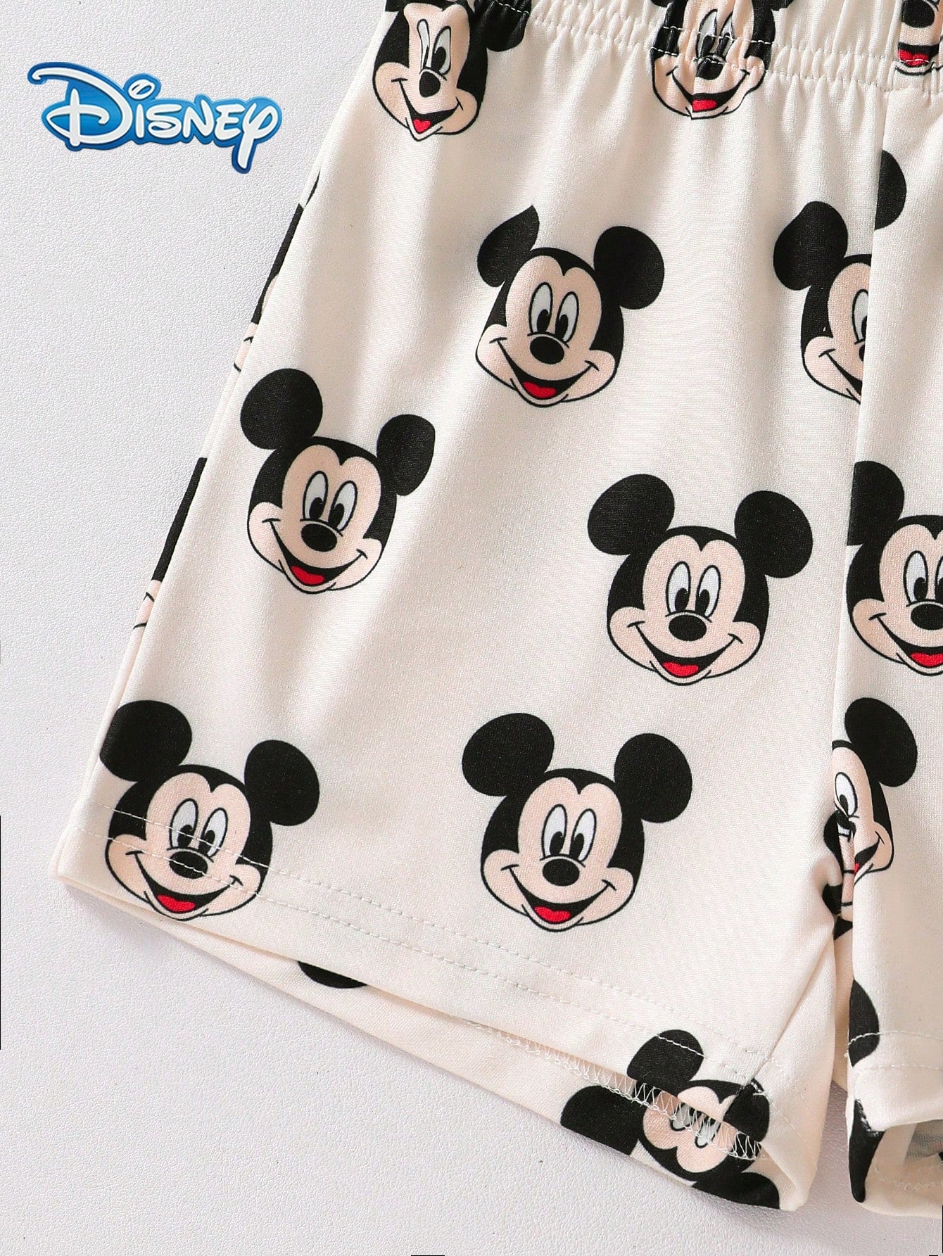 3-Piece Baby Boy Disney Outfit: Loose Round Neck White Mickey Mouse Print Short Sleeve T-Shirt + All-Over Mickey Print Shorts, Casual Everyday, Travel, Holiday, Party Wear For Toddler Boys Under 3 Yea
