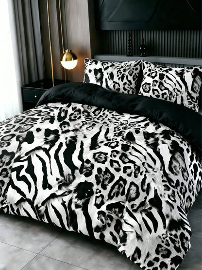 3-Piece Luxury Black Leopard Print Gothic Style Duvet Cover Set, Random Pillowcase Pattern, Duvet Cover Set (1 Duvet Cover + 2 Pillowcases, Pillow Inserts Not Included), Soft Warm Comfortable Bedroom