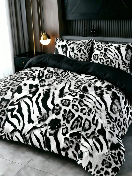 3-Piece Luxury Black Leopard Print Gothic Style Duvet Cover Set, Random Pillowcase Pattern, Duvet Cover Set (1 Duvet Cover + 2 Pillowcases, Pillow Inserts Not Included), Soft Warm Comfortable Bedroom