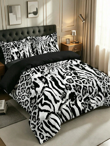 3-Piece Luxury Black Leopard Print Gothic Style Duvet Cover Set, Random Pillowcase Pattern, Duvet Cover Set (1 Duvet Cover + 2 Pillowcases, Pillow Inserts Not Included), Soft Warm Comfortable Bedroom