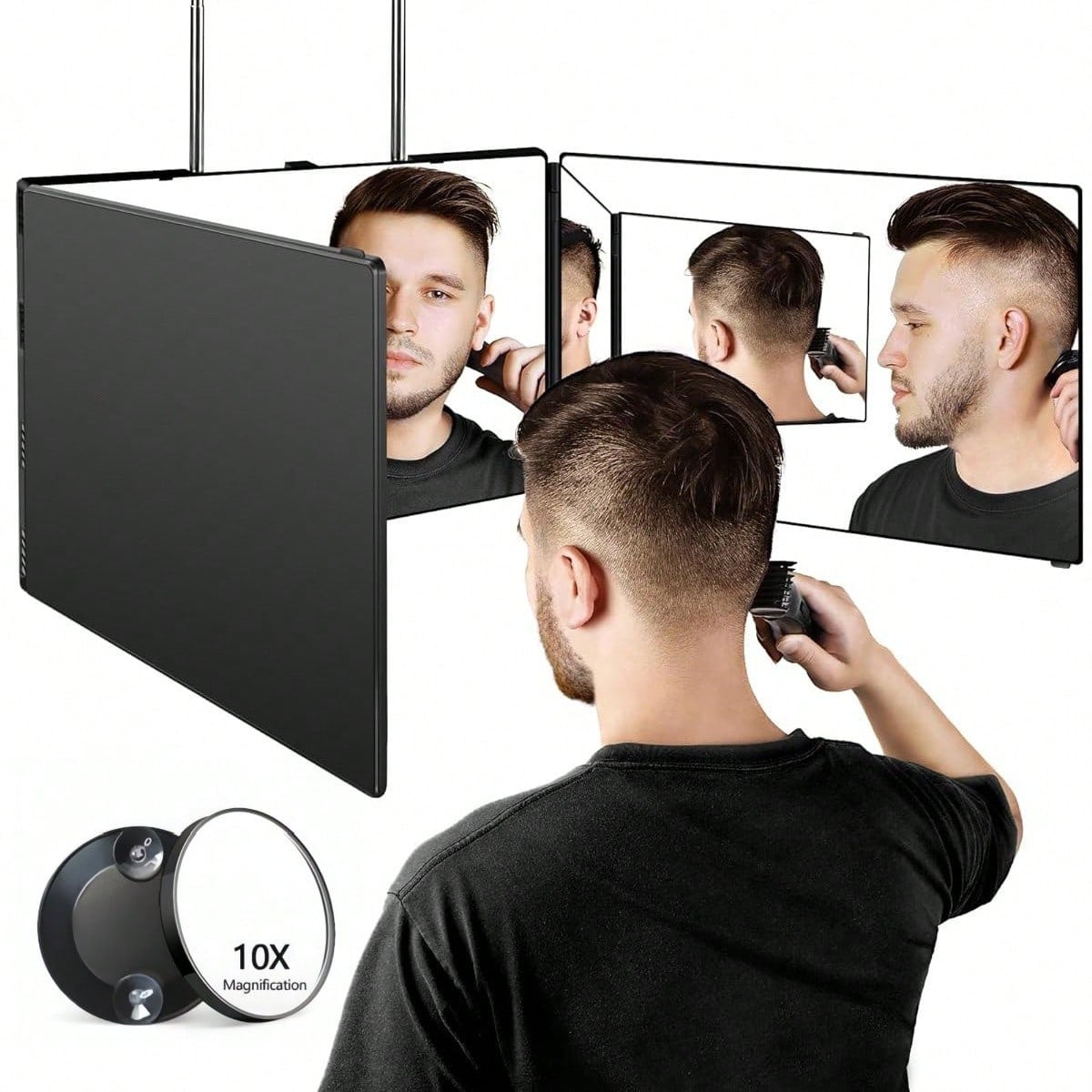 3 Way Mirror For Hair Cutting,360 Trifold Mirror With Height Adjustable Telescoping Hooks,And 5X Magnification,For Makeup, Hair Styling.