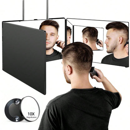 3 Way Mirror For Hair Cutting,360 Trifold Mirror With Height Adjustable Telescoping Hooks,And 5X Magnification,For Makeup, Hair Styling.