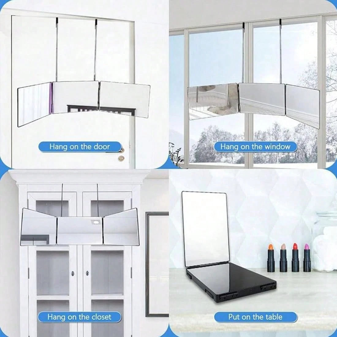 3 Way Mirror For Hair Cutting,360 Trifold Mirror With Height Adjustable Telescoping Hooks,And 5X Magnification,For Makeup, Hair Styling.