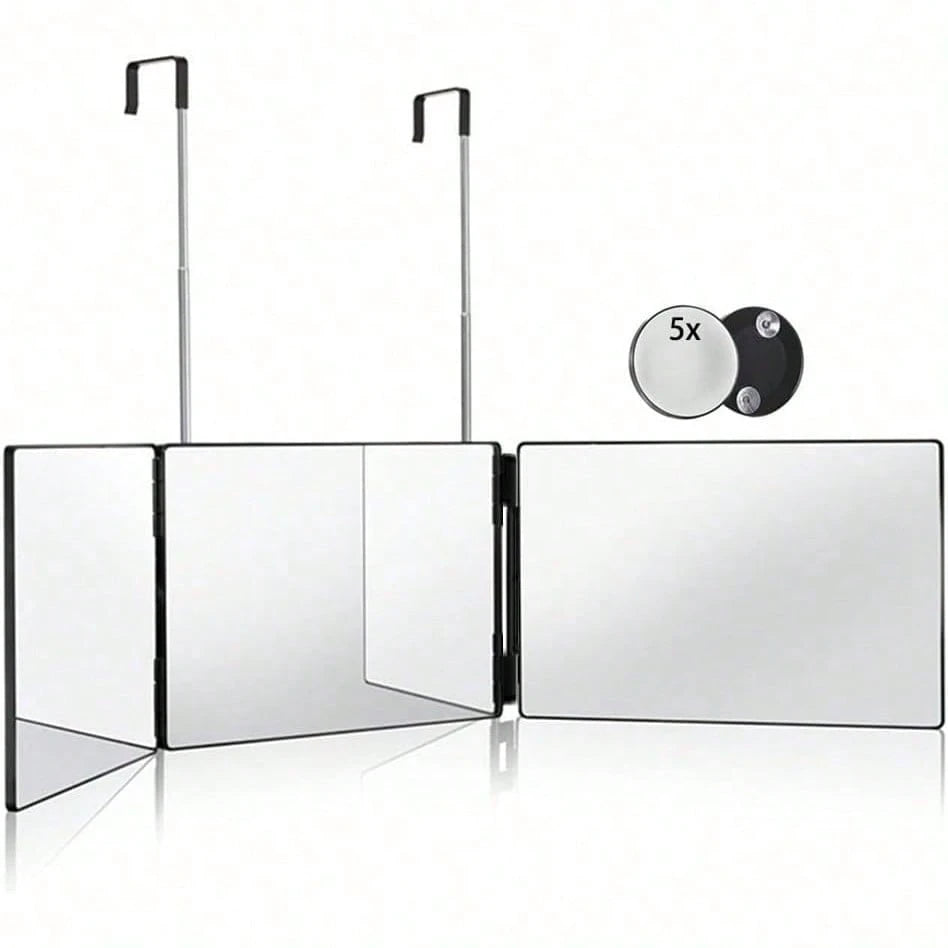 3 Way Mirror For Hair Cutting,360 Trifold Mirror With Height Adjustable Telescoping Hooks,And 5X Magnification,For Makeup, Hair Styling.