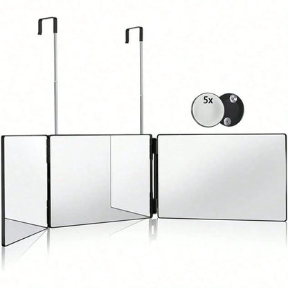 3 Way Mirror For Hair Cutting,360 Trifold Mirror With Height Adjustable Telescoping Hooks,And 5X Magnification,For Makeup, Hair Styling.