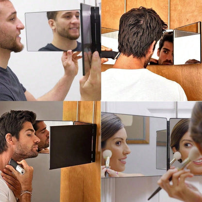 3 Way Mirror For Hair Cutting,360 Trifold Mirror With Height Adjustable Telescoping Hooks,And 5X Magnification,For Makeup, Hair Styling.