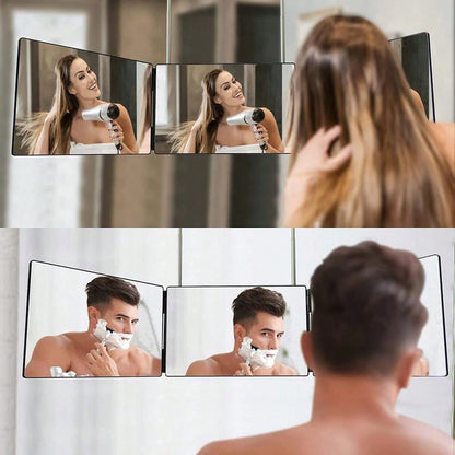 3 Way Mirror For Hair Cutting,360 Trifold Mirror With Height Adjustable Telescoping Hooks,And 5X Magnification,For Makeup, Hair Styling.