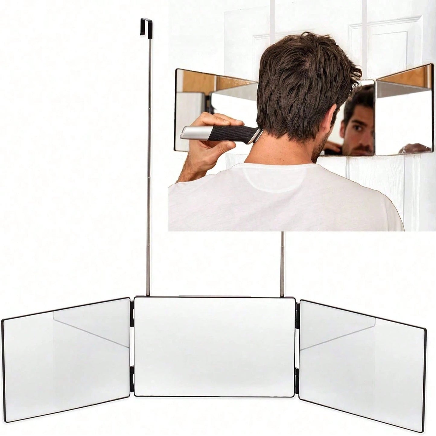 3 Way Mirror For Hair Cutting,360 Trifold Mirror With Height Adjustable Telescoping Hooks,And 5X Magnification,For Makeup, Hair Styling.