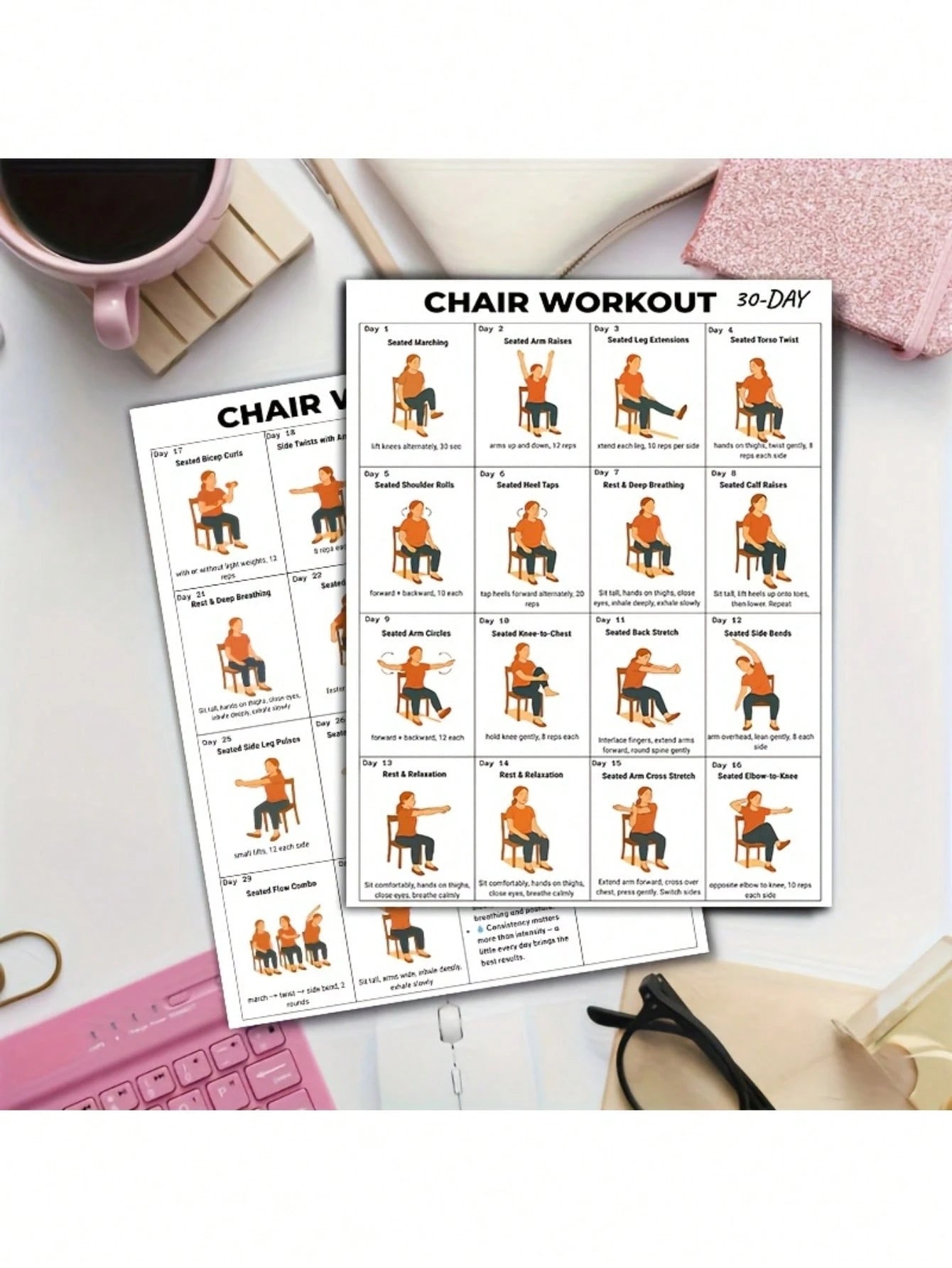 30-Day Chair Fitness Poster- Seated Exercise Chart For Seniors And Beginners, Low-Intensity Chair Yoga And Stretching Workout Plan, Home Gym Wall Decor And Elderly Fitness Guide, Back To School
