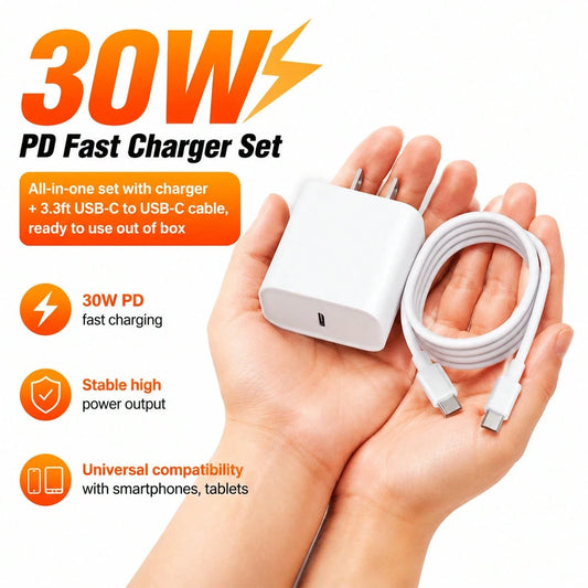30W USB C Wall Charger US Plug + 3.3ft/100cm USB C To Type C Durable Cable Data Transfer Cable Fast Charging Kit Compatible With IPhone 17 Pro Max/17 Pro/17/16 Pro Max/16 Pro/16 Plus/16/15 Pro Max/15