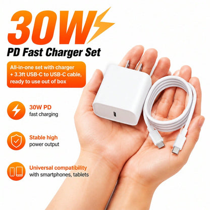 30W USB C Wall Charger US Plug + 3.3ft/100cm USB C To Type C Durable Cable Data Transfer Cable Fast Charging Kit Compatible With IPhone 17 Pro Max/17 Pro/17/16 Pro Max/16 Pro/16 Plus/16/15 Pro Max/15
