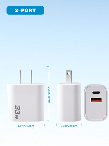 33W PD Wall Charger, US Plug, PD3.0 Fast Type-C Charger Adapter, Compatible With Apple/Android Smartphones, Cameras, MP3 Players, Etc. Suitable For Travel, Office, Dorm, And Home Multi-Port