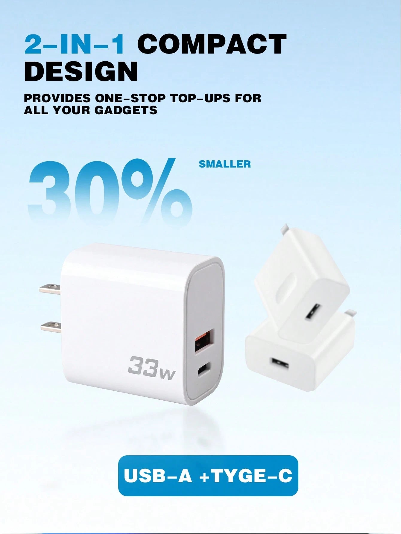 33W PD Wall Charger, US Plug, PD3.0 Fast Type-C Charger Adapter, Compatible With Apple/Android Smartphones, Cameras, MP3 Players, Etc. Suitable For Travel, Office, Dorm, And Home Multi-Port
