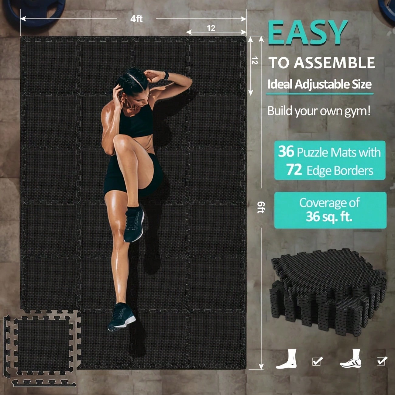 36/48-Piece Interlocking Foam Floor Tiles, 12" X 12" EVA Puzzle Mats, Suitable For Home Gym And Fitness Equipment Protection In Garage Floors